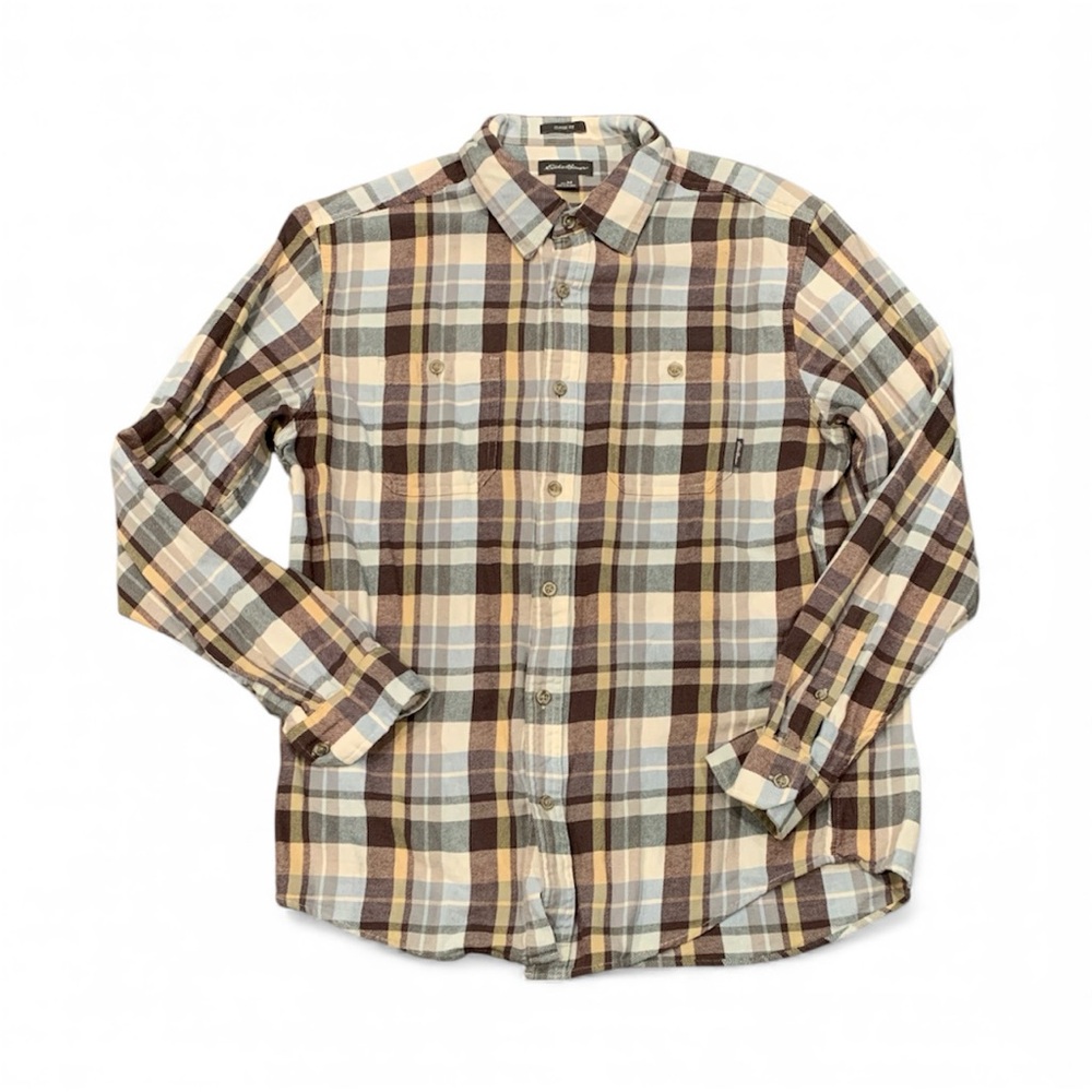 Eddie Bauer Classic Fit Brown/Blue/Yellow Plaid Flannel Men’s Size Medium